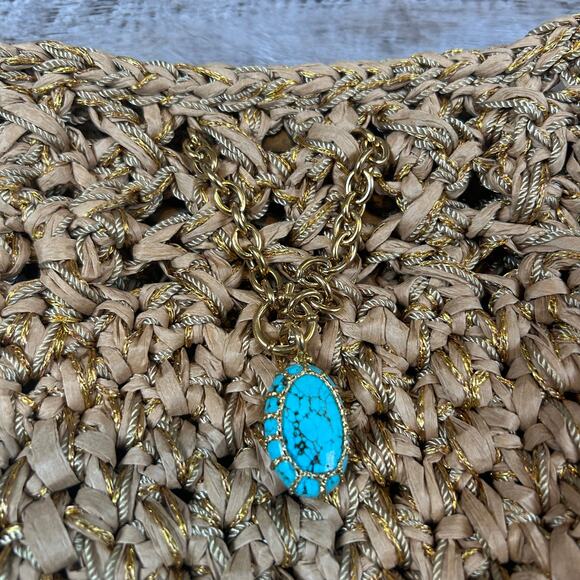 NWT Boks & Baum Woven Raffia Crossbody Bag Gold Lurex Turquoise Detail - Picture 2 of 10